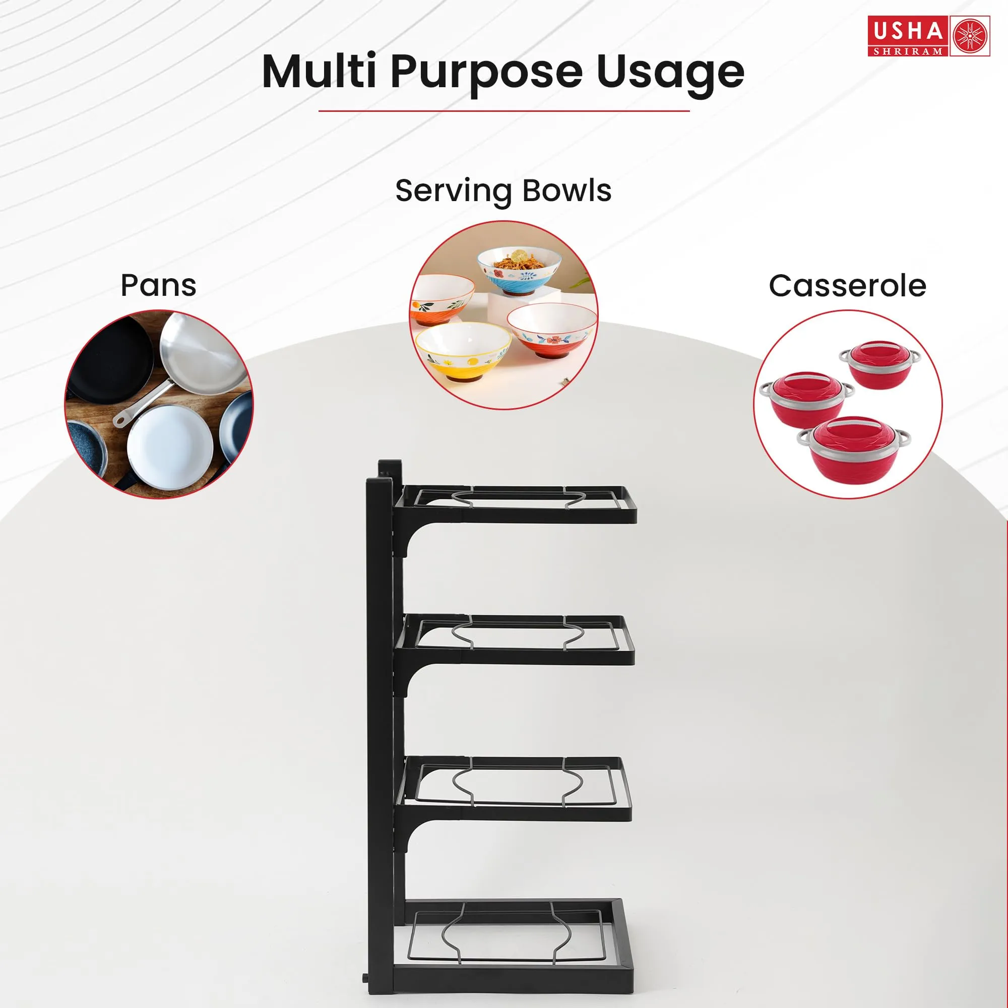 USHA SHRIRAM Carbon Steel | Dish Organiser For Kitchen | Kitchen Side Rack Organiser | Kadai Pan Organiser Rack For Kitchen | Kitchen Appliances Organiser | itchen Shelf Organiser (Pack of 2, 4 Layer)