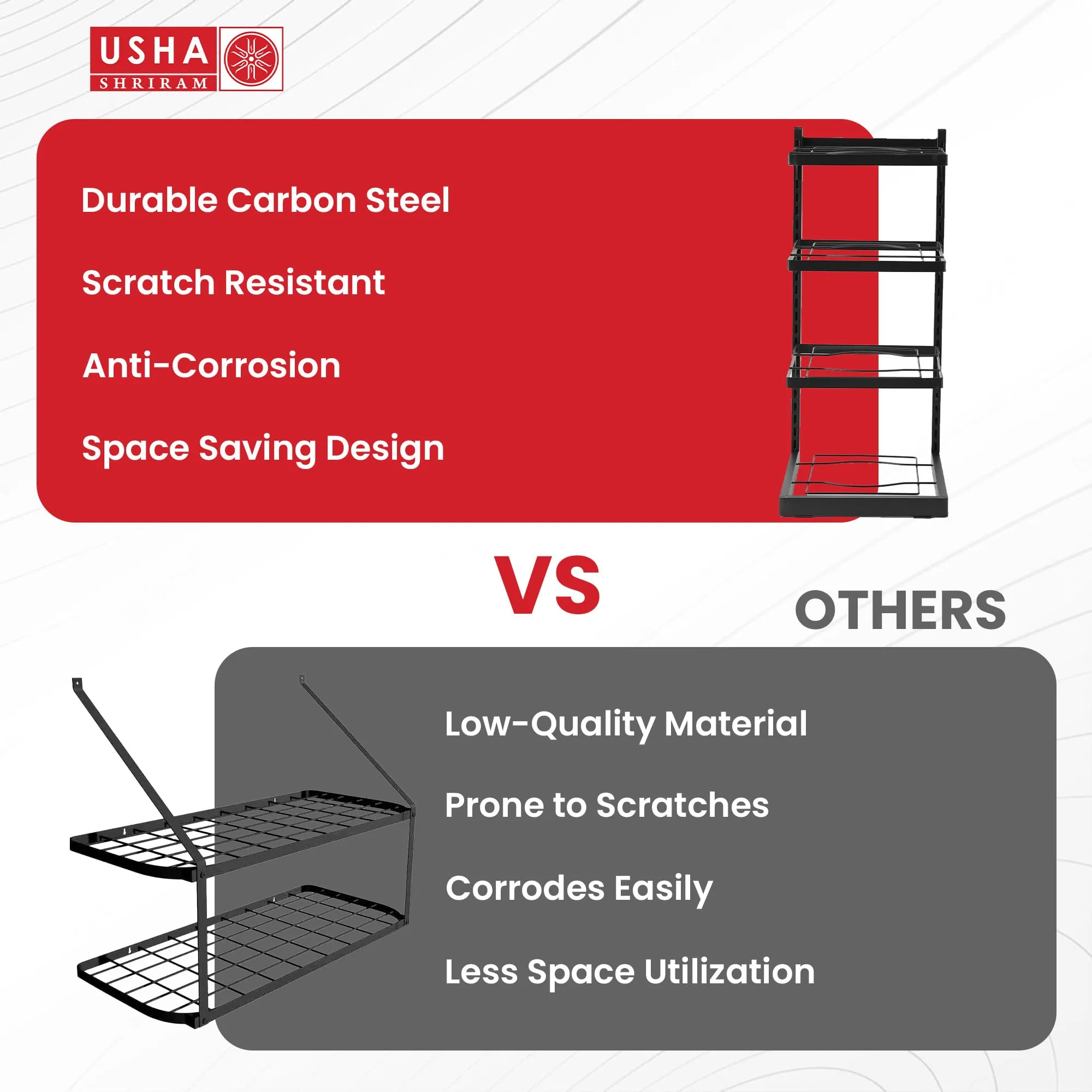 USHA SHRIRAM Carbon Steel | Dish Organiser For Kitchen | Kitchen Side Rack Organiser | Kadai Pan Organiser Rack For Kitchen | Kitchen Appliances Organiser | itchen Shelf Organiser (Pack of 2, 4 Layer)