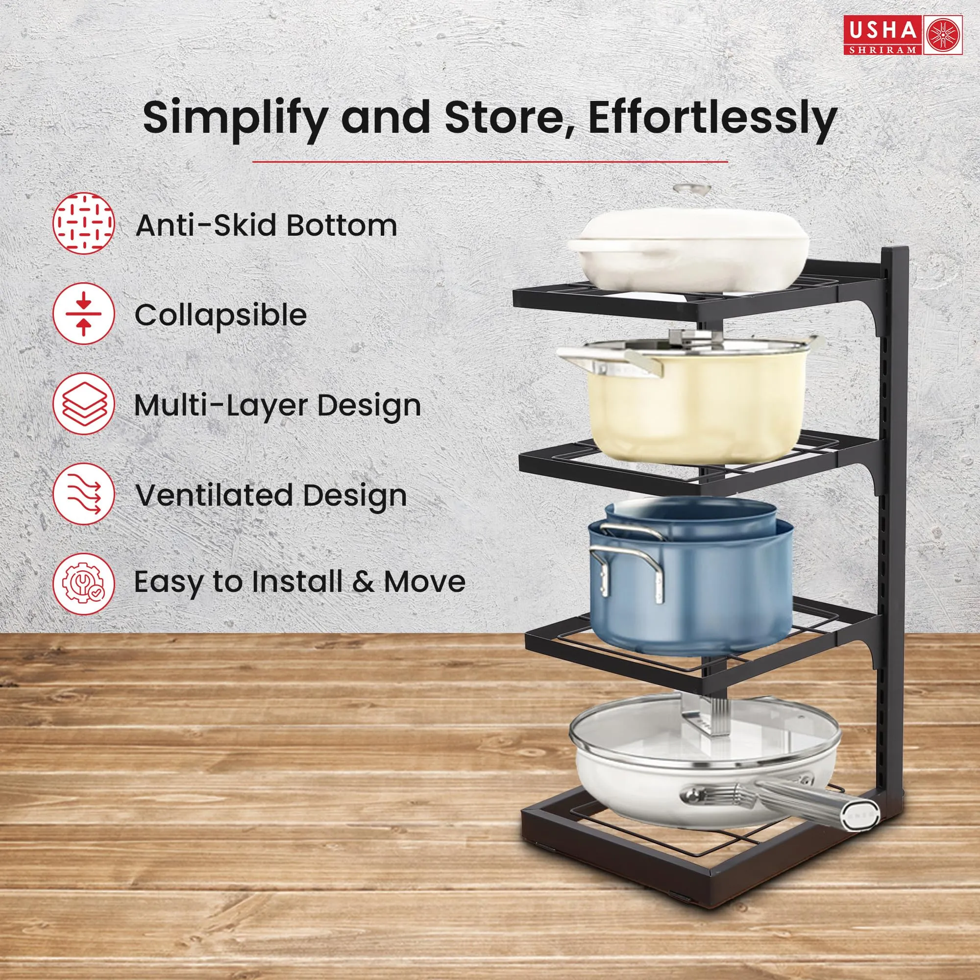 USHA SHRIRAM Carbon Steel | Dish Organiser For Kitchen | Kitchen Side Rack Organiser | Kadai Pan Organiser Rack For Kitchen | Kitchen Appliances Organiser | itchen Shelf Organiser (Pack of 2, 4 Layer)