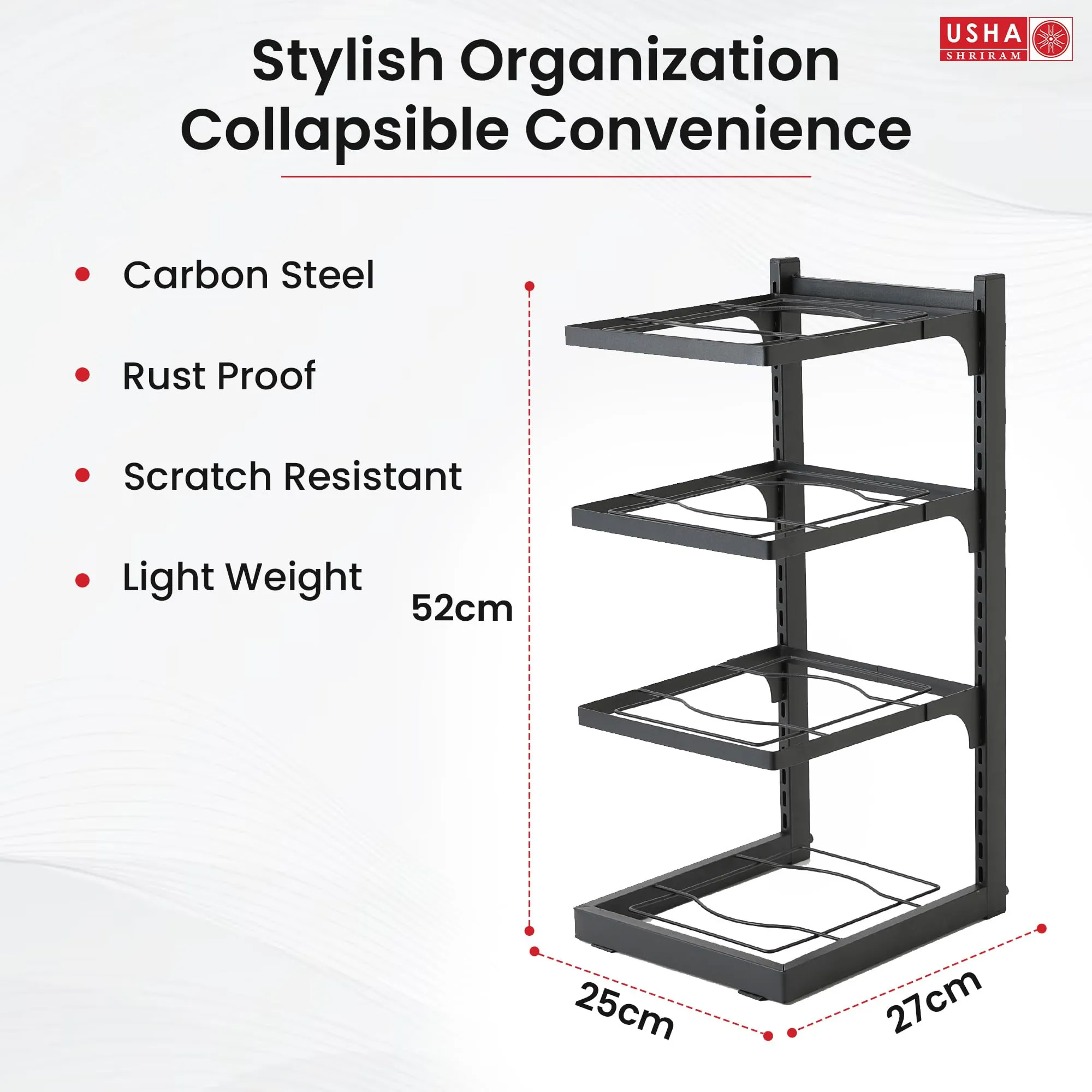 USHA SHRIRAM Carbon Steel | Dish Organiser For Kitchen | Kitchen Side Rack Organiser | Kadai Pan Organiser Rack For Kitchen | Kitchen Appliances Organiser | itchen Shelf Organiser (Pack of 2, 4 Layer)