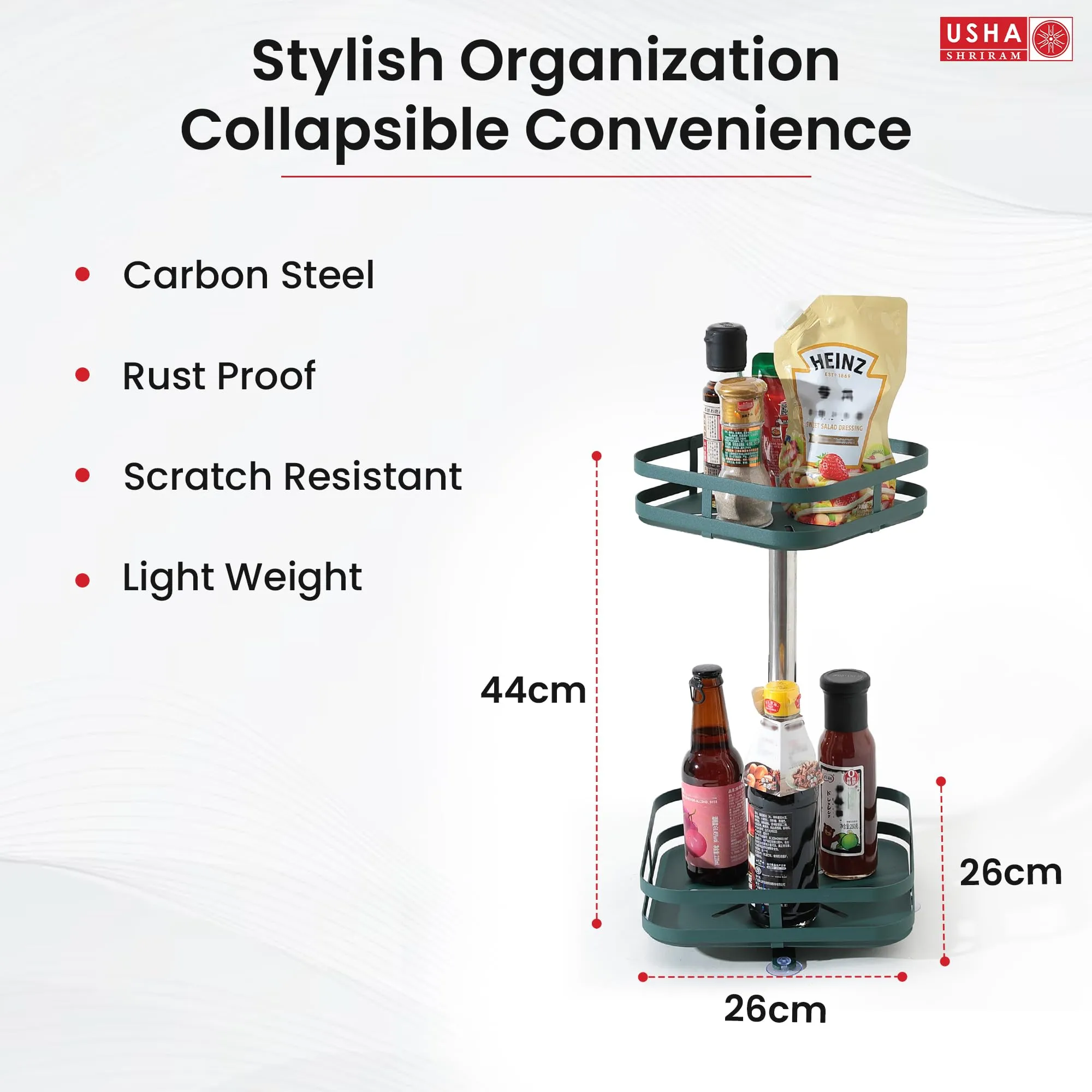 USHA SHRIRAM Carbon Steel Oil Bottle Holder For Kitchen |360 Rotation | Wine Whiskey Bottle Holder | Kitchen Organiser Space Saver | Storage Rack For Kitchen Organiser (Pack of 2, Square - 2 Layer)