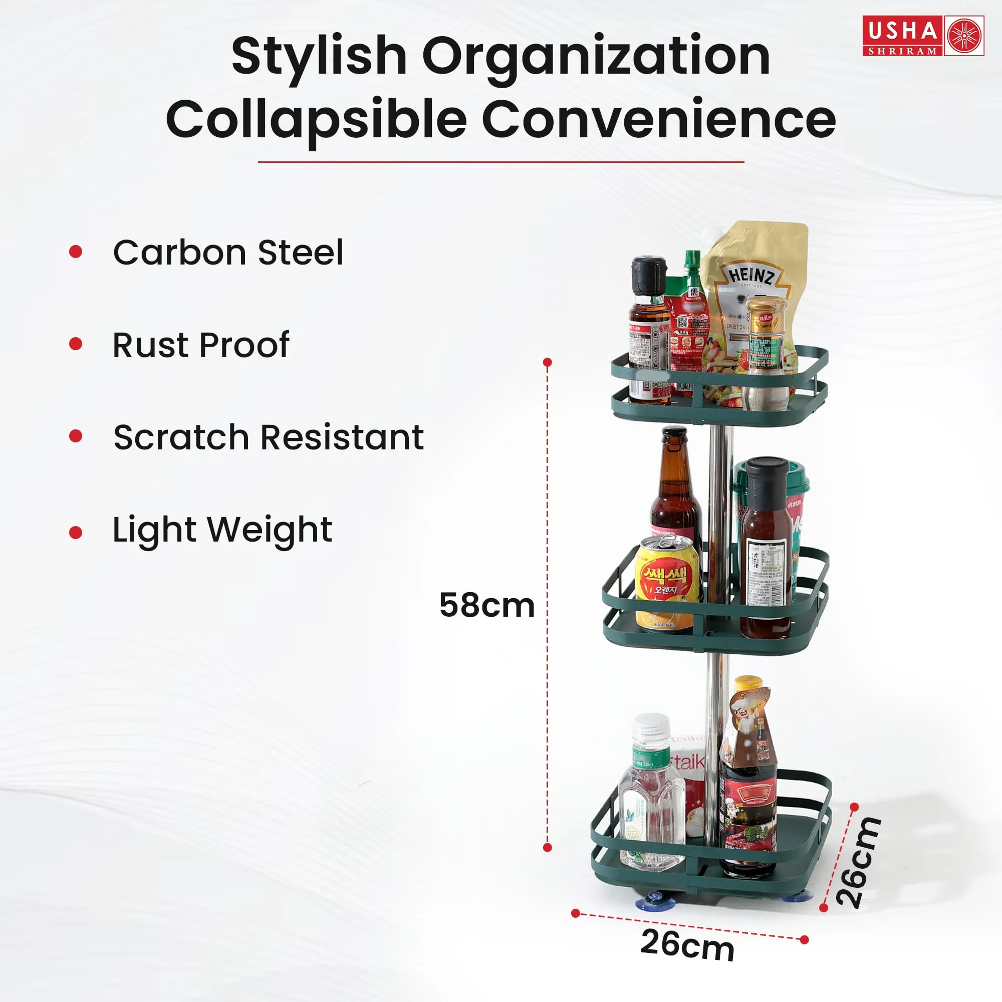 USHA SHRIRAM Carbon Steel Oil Bottle Holder For Kitchen |360 Rotation | Wine Whiskey Bottle Holder | Kitchen Organiser Space Saver | Storage Rack For Kitchen Organiser (Pack of 2, Square - 3 Layer)