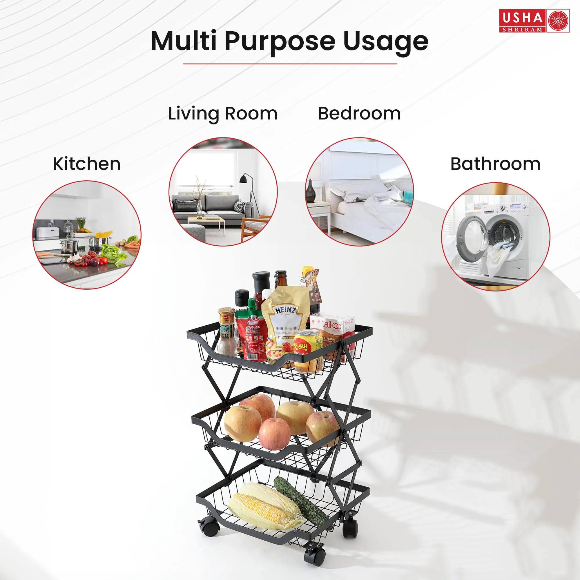 USHA SHRIRAM Collapsible storage baskets Black | Stackable Kitchen Basket For Storage | Carbon Steel Collapsible Foldable Basket For Fruits And Vegetables | Rust-Resistant (2Pcs - 3 layer)