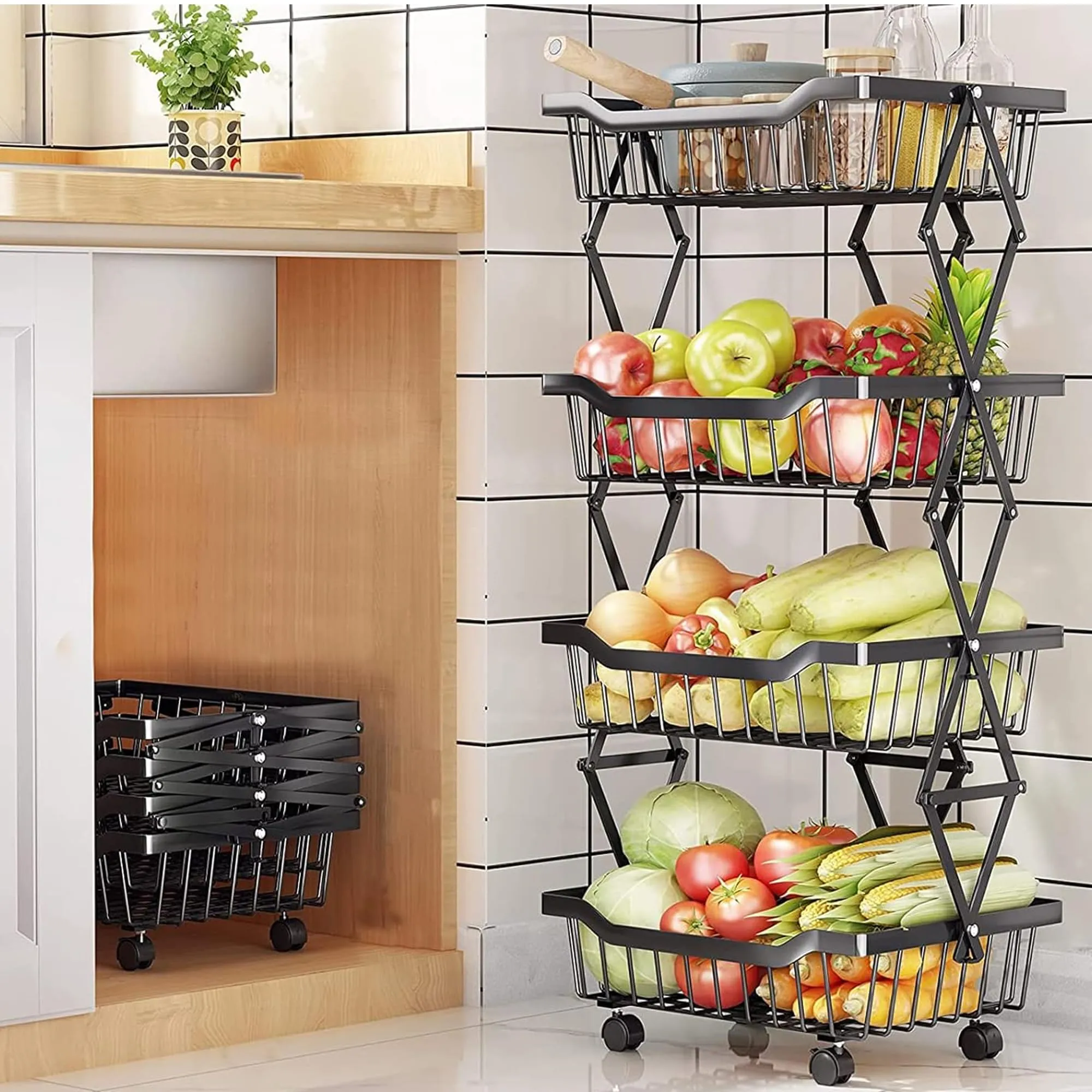 USHA SHRIRAM Layer Carbon Steel Trolley for Kitchen |360 Rotation | Kitchen Trolley with Wheels for Modular Kitchen | Onion Fruit Trolley for Kitchen | Kitchen Trolley Organisers (4 Layer, Pack of 2)