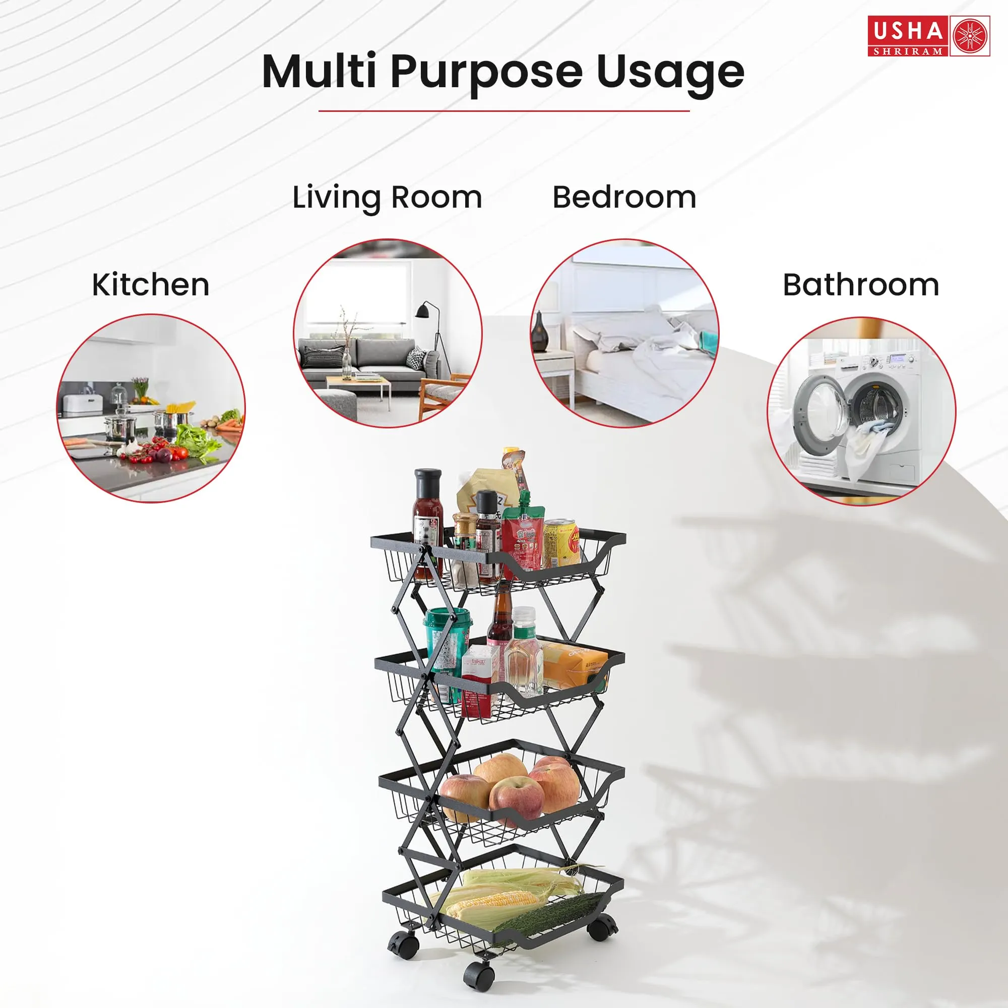 USHA SHRIRAM Layer Carbon Steel Trolley for Kitchen |360 Rotation | Kitchen Trolley with Wheels for Modular Kitchen | Onion Fruit Trolley for Kitchen | Kitchen Trolley Organisers (4 Layer, Pack of 2)