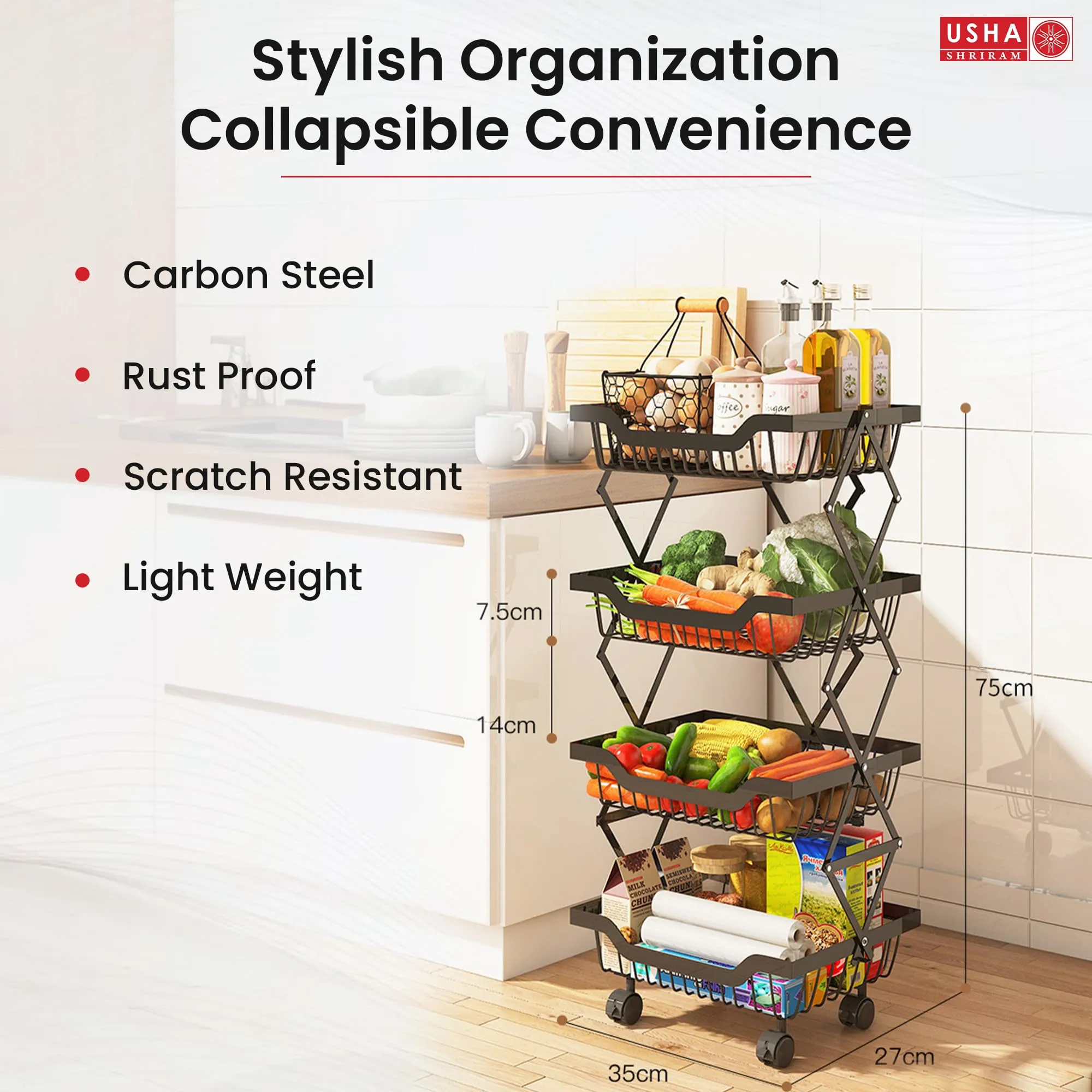 USHA SHRIRAM Layer Carbon Steel Trolley for Kitchen |360 Rotation | Kitchen Trolley with Wheels for Modular Kitchen | Onion Fruit Trolley for Kitchen | Kitchen Trolley Organisers (4 Layer, Pack of 2)