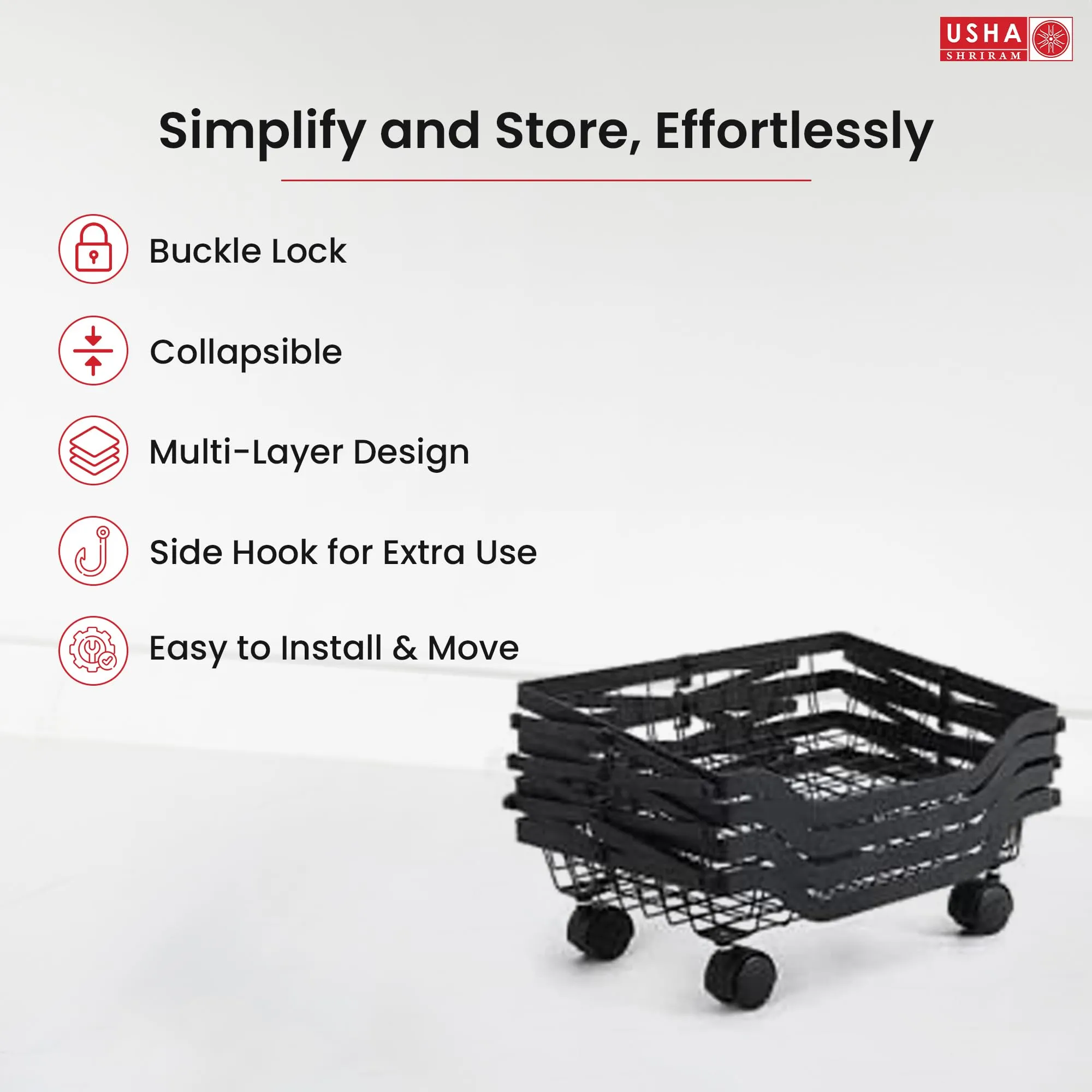 USHA SHRIRAM Layer Carbon Steel Trolley for Kitchen |360 Rotation | Kitchen Trolley with Wheels for Modular Kitchen | Onion Fruit Trolley for Kitchen | Kitchen Trolley Organisers (5 Layer, Pack of 5)