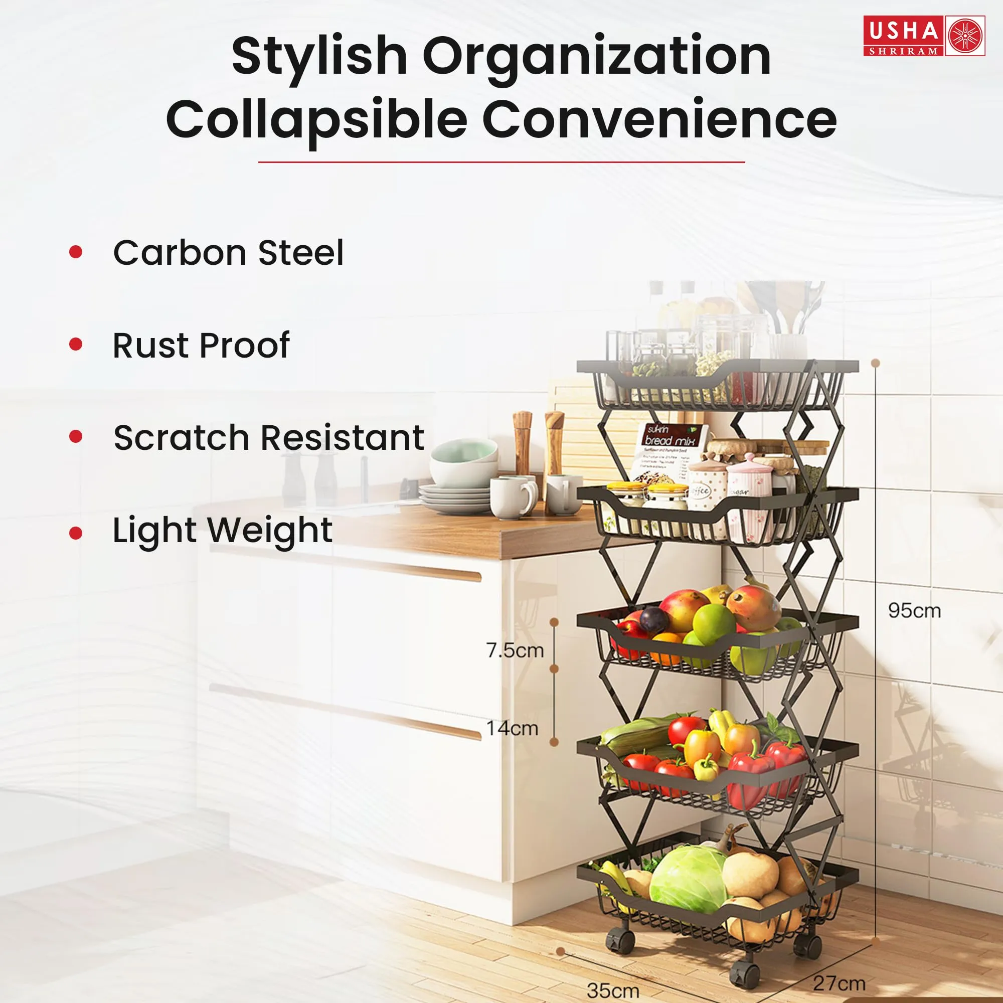 USHA SHRIRAM Layer Carbon Steel Trolley for Kitchen |360 Rotation | Kitchen Trolley with Wheels for Modular Kitchen | Onion Fruit Trolley for Kitchen | Kitchen Trolley Organisers (5 Layer, Pack of 5)