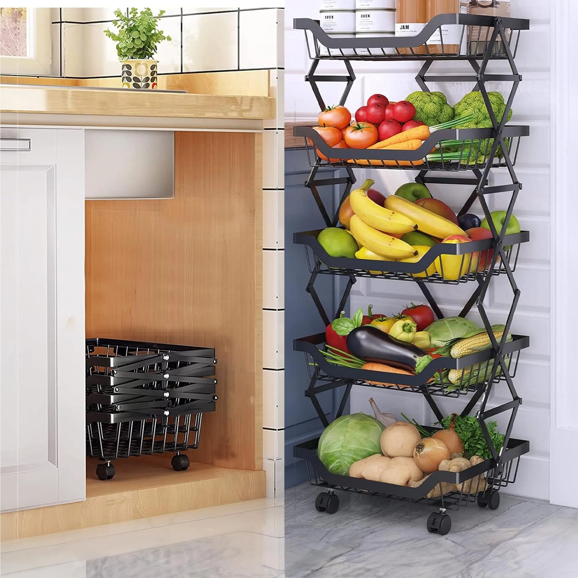 USHA SHRIRAM Layer Carbon Steel Trolley for Kitchen |360 Rotation | Kitchen Trolley with Wheels for Modular Kitchen | Onion Fruit Trolley for Kitchen | Kitchen Trolley Organisers (5 Layer, Pack of 5)