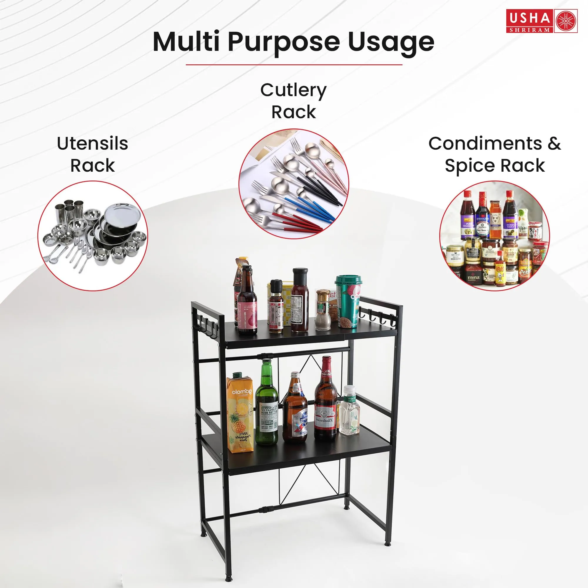 USHA SHRIRAM Microwave Oven Rack For Kitchen (2Pcs) |2 Step Organiser For Kitchen Cabinet | Kitchen Organiser Box | Storage Organiser For Kitchen Shelf Space Saver | Hooks For Spoon Holder | Black