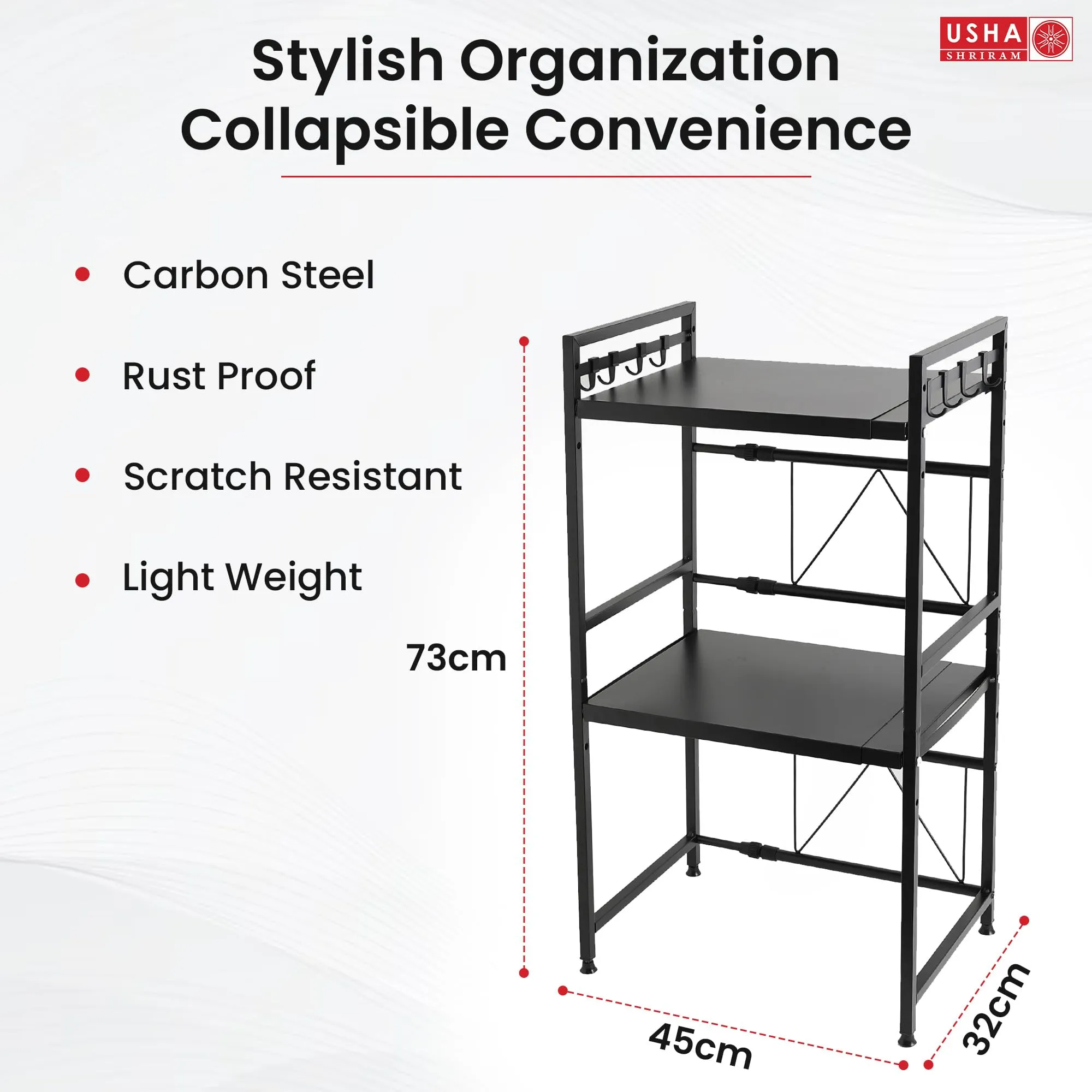 USHA SHRIRAM Microwave Oven Rack For Kitchen (2Pcs) |2 Step Organiser For Kitchen Cabinet | Kitchen Organiser Box | Storage Organiser For Kitchen Shelf Space Saver | Hooks For Spoon Holder | Black