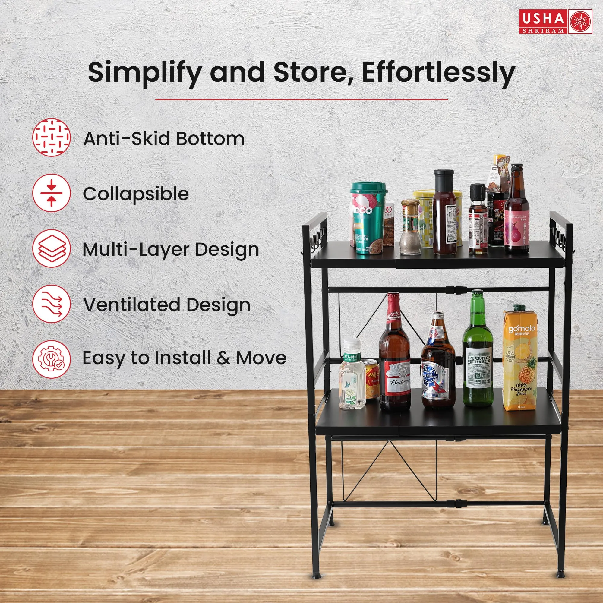 USHA SHRIRAM Microwave Oven Rack For Kitchen (2Pcs) |2 Step Organiser For Kitchen Cabinet | Kitchen Organiser Box | Storage Organiser For Kitchen Shelf Space Saver | Hooks For Spoon Holder | Black