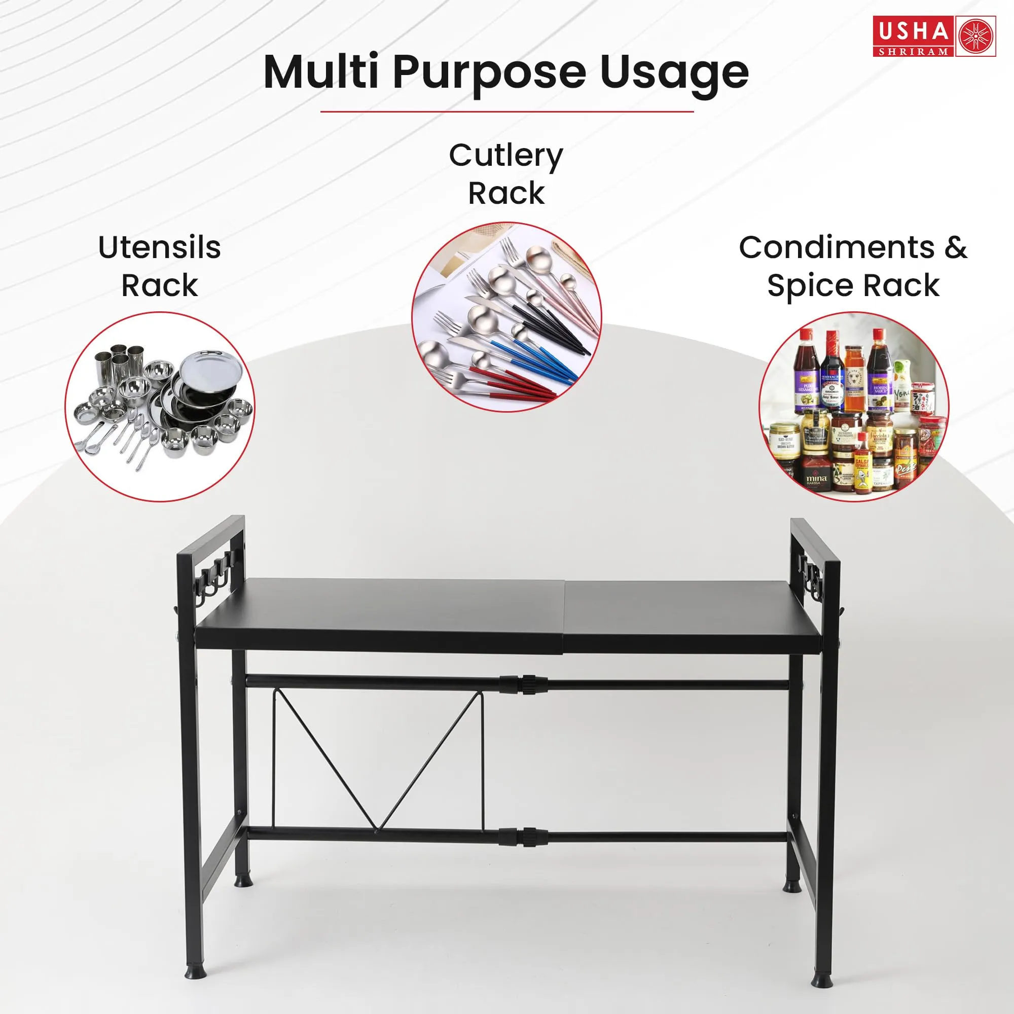 USHA SHRIRAM Microwave Oven Rack For Kitchen (2Pcs) | Step Organiser For Kitchen Cabinet | Kitchen Organiser Box | Storage Organiser For Kitchen Shelf Space Saver | Hooks For Spoon Holder | Black