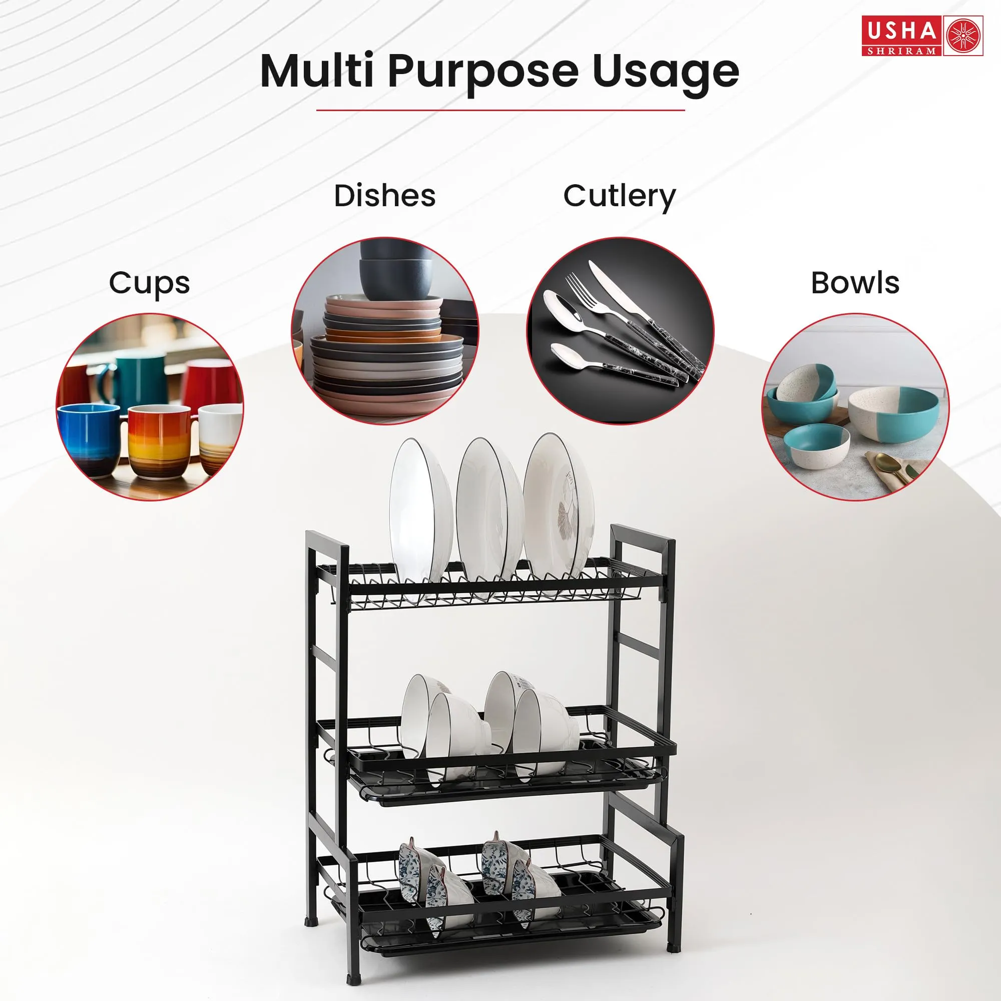 USHA SHRIRAM Plate Bowl Holder Sink Organiser in Kitchen | Kitchen Organiser Rack | Utensil Dish Organiser for Kitchen with Spoon Knife Holder Hooks (3 Layer Plate Bowl Holder, Pack of 5)