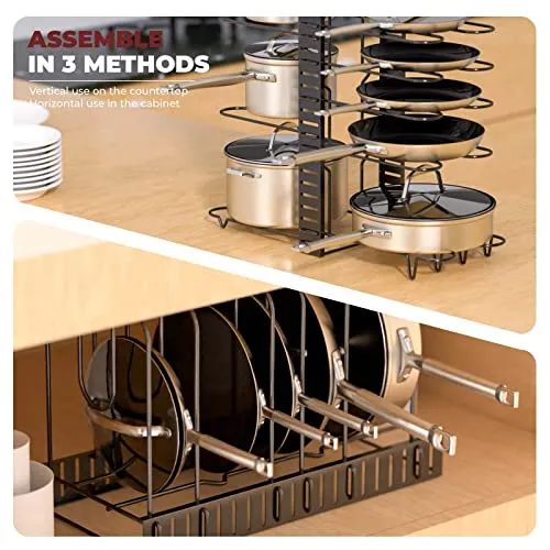 Vdomus Pot Rack Organizer Adjustable Black Metal 8 Pots Holder