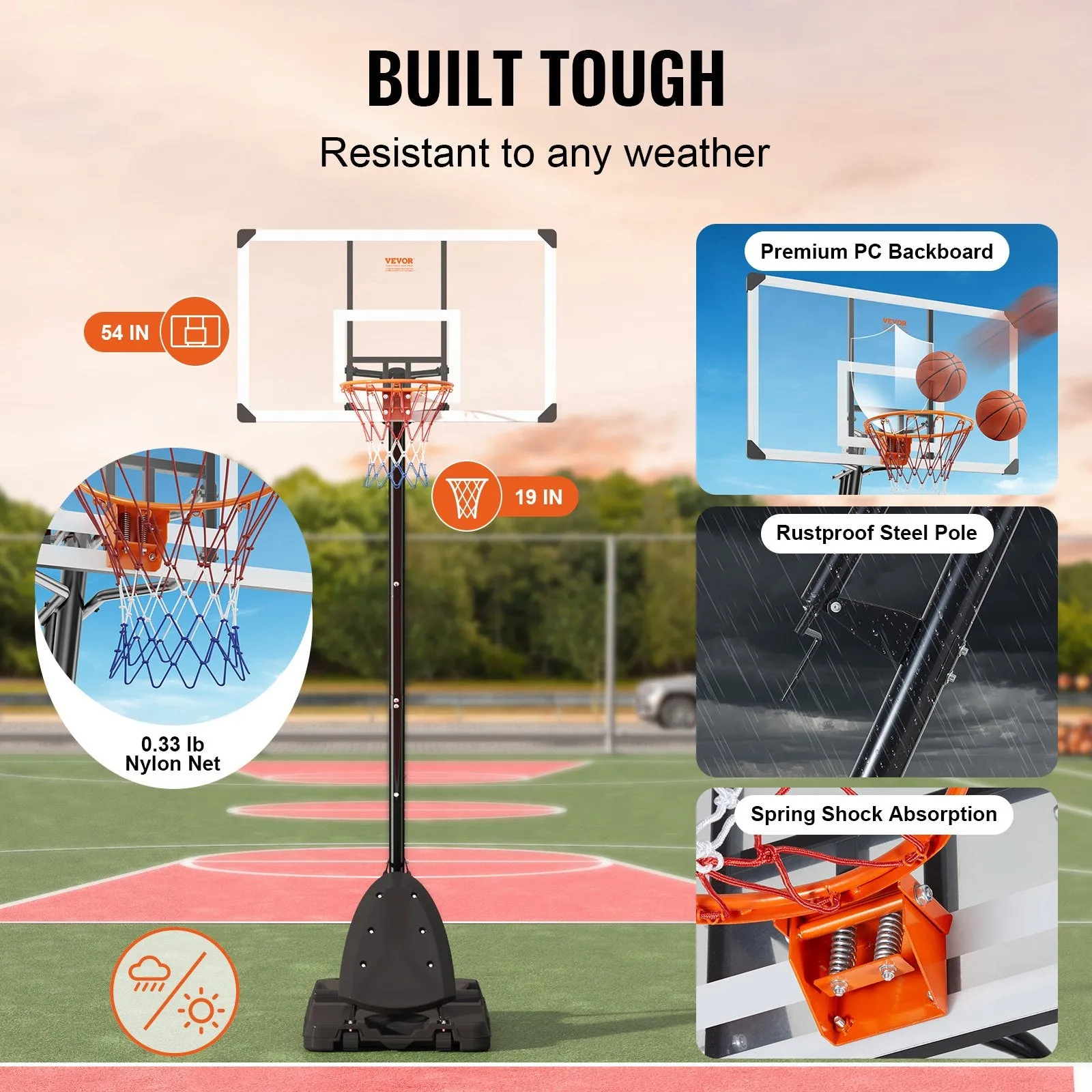 Vevor Basketball Hoop 7.6' to 10' Adjustable Height 54" Backboard with Stand Wheels and Fillable Base New