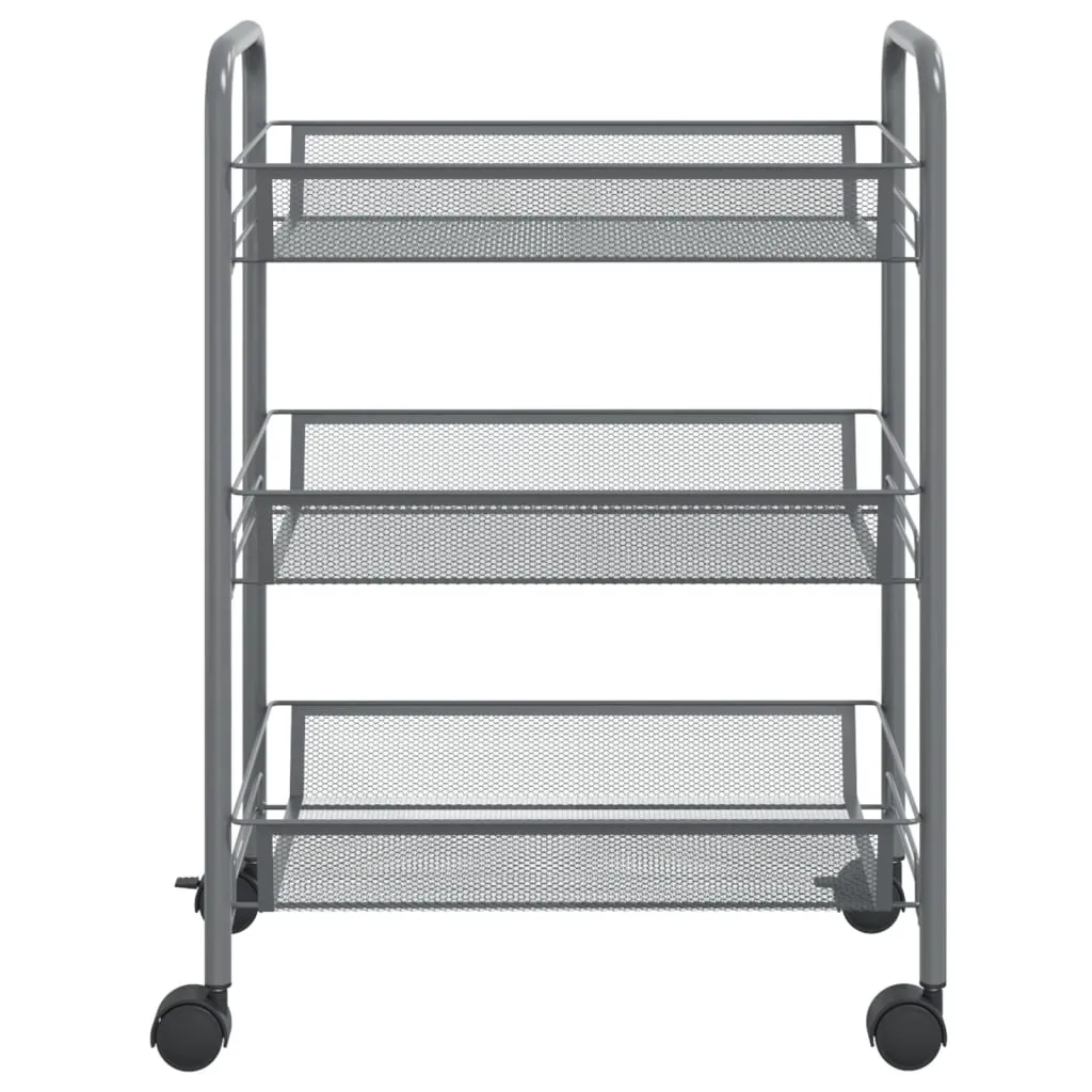 vidaXL 3-Tier Kitchen Trolley Grey - Durable Iron Cart with Removable Baskets & Lockable Wheels (46x26x64 cm)