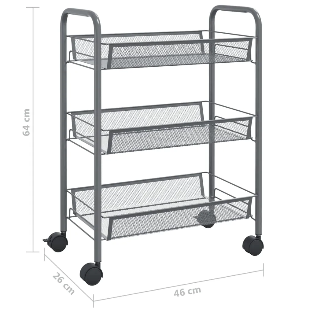 vidaXL 3-Tier Kitchen Trolley Grey - Durable Iron Cart with Removable Baskets & Lockable Wheels (46x26x64 cm)