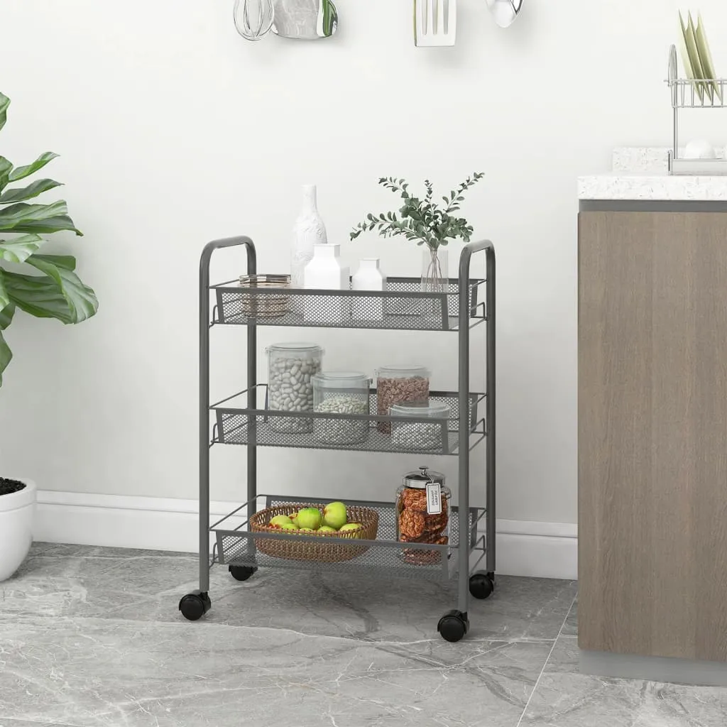 vidaXL 3-Tier Kitchen Trolley Grey - Durable Iron Cart with Removable Baskets & Lockable Wheels (46x26x64 cm)