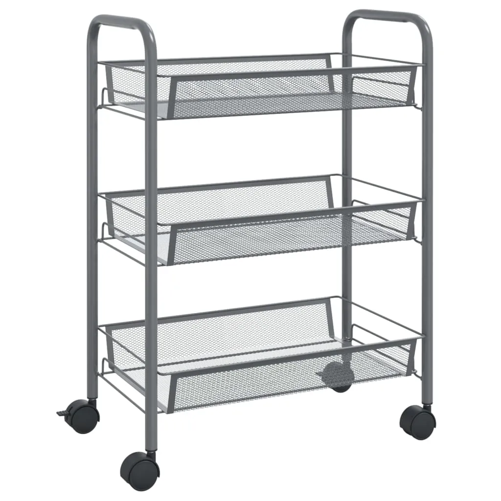 vidaXL 3-Tier Kitchen Trolley Grey - Durable Iron Cart with Removable Baskets & Lockable Wheels (46x26x64 cm)