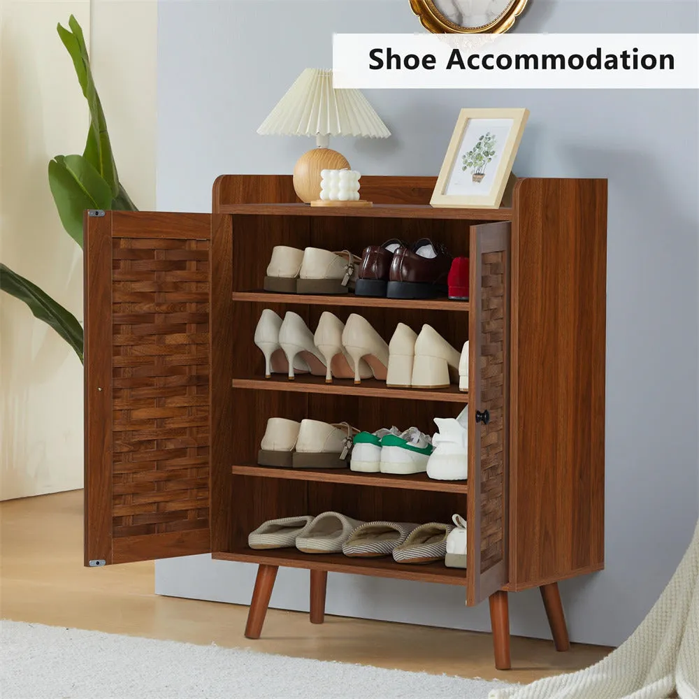 Wooden Shoe Cabinet 4-Tier Freestanding Shoe Rack With with Woven Doors