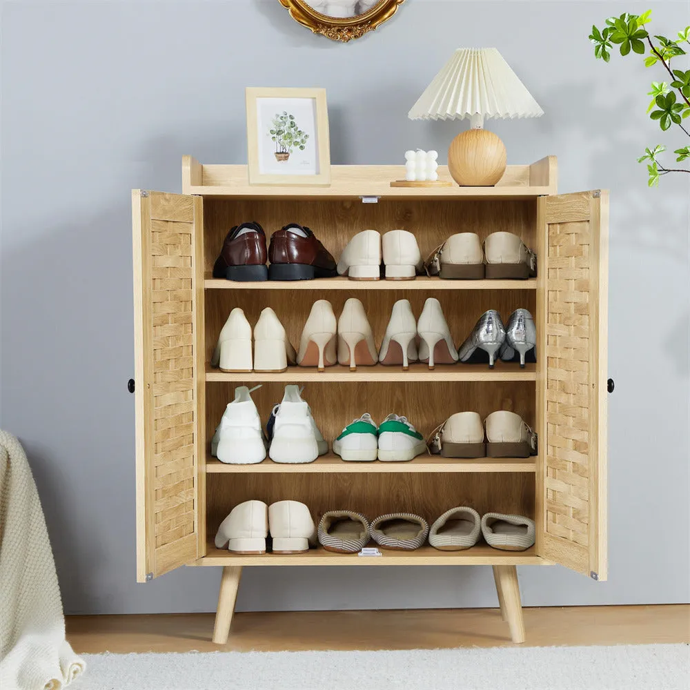 Wooden Shoe Cabinet 4-Tier Freestanding Shoe Rack With with Woven Doors