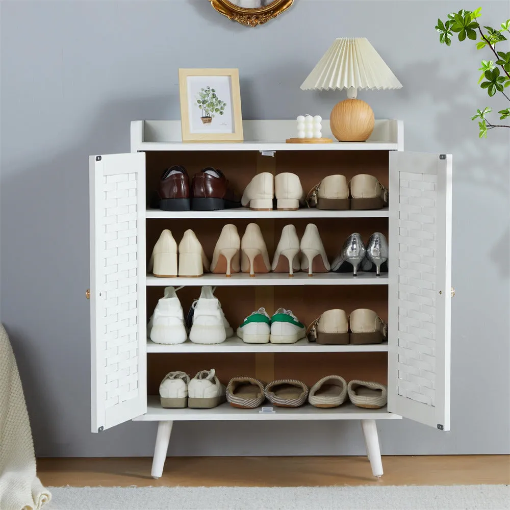 Wooden Shoe Cabinet 4-Tier Freestanding Shoe Rack With with Woven Doors