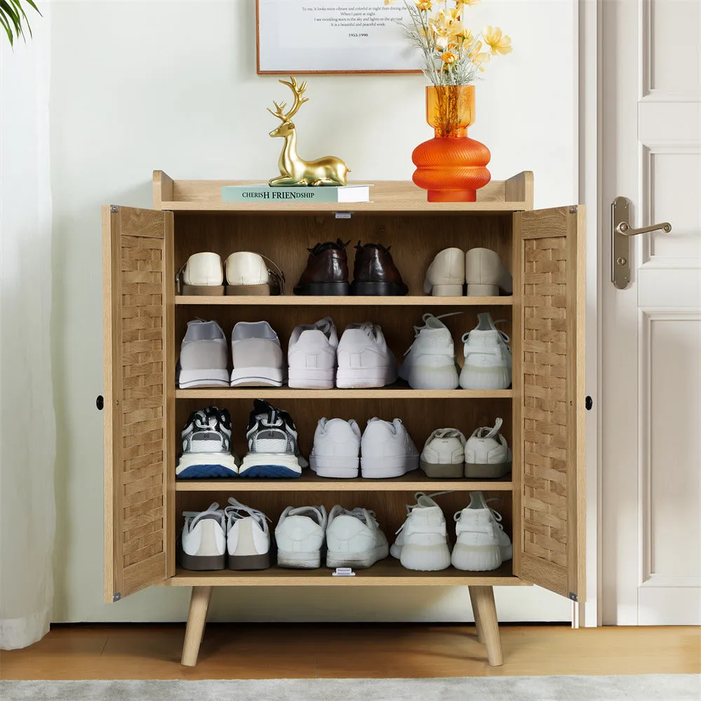 Wooden Shoe Cabinet 4-Tier Freestanding Shoe Rack With with Woven Doors