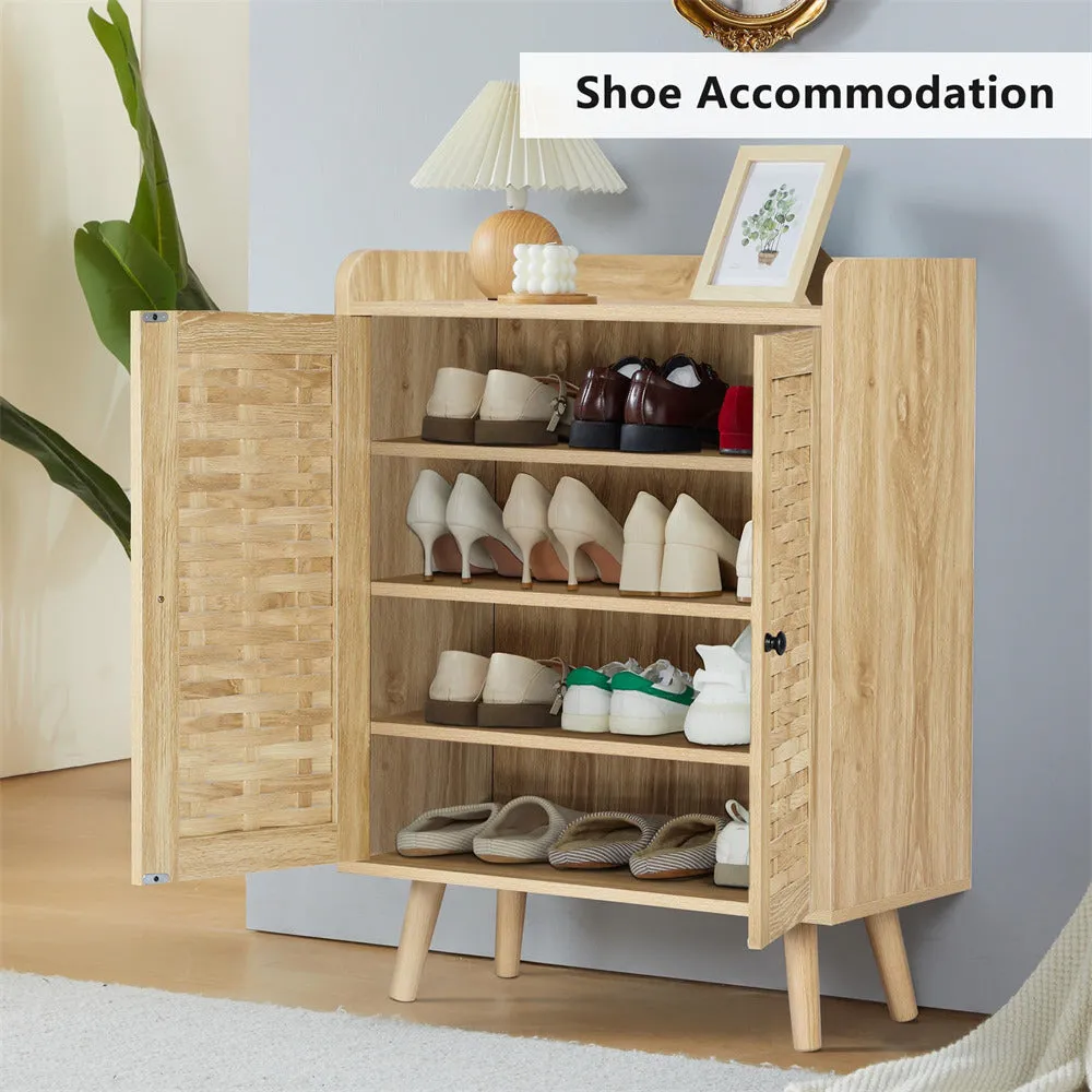 Wooden Shoe Cabinet 4-Tier Freestanding Shoe Rack With with Woven Doors