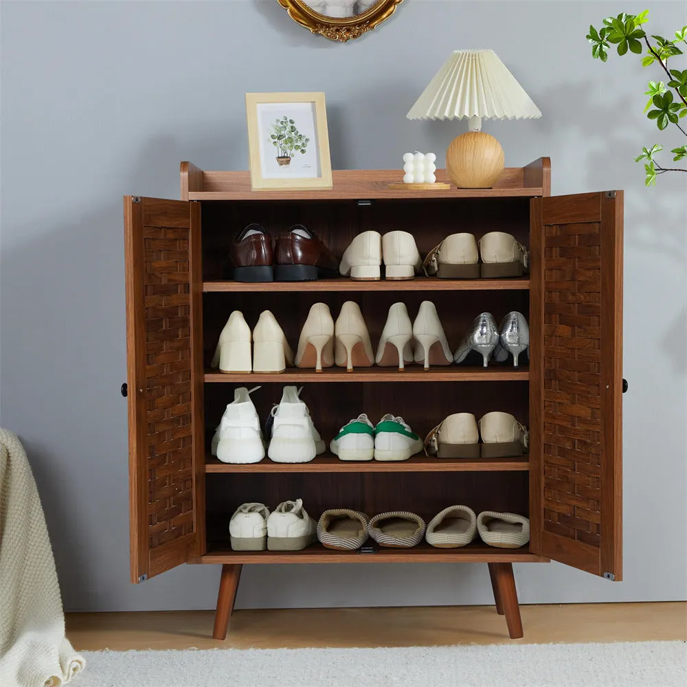 Wooden Shoe Cabinet 4-Tier Freestanding Shoe Rack With with Woven Doors