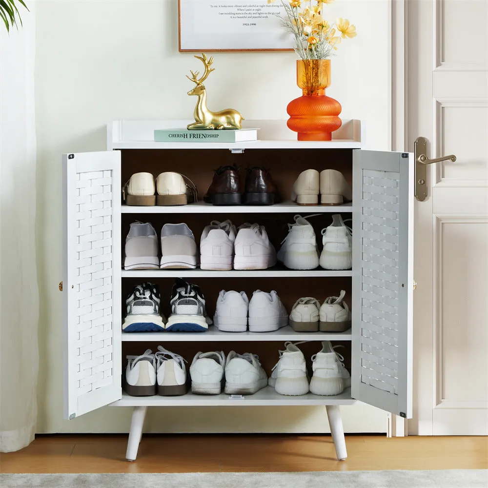 Wooden Shoe Cabinet 4-Tier Freestanding Shoe Rack With with Woven Doors