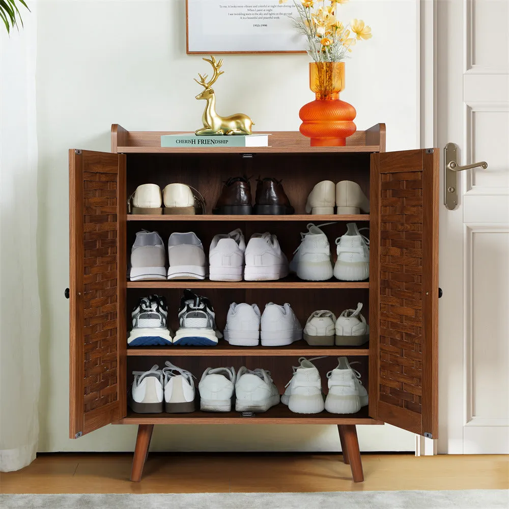 Wooden Shoe Cabinet 4-Tier Freestanding Shoe Rack With with Woven Doors