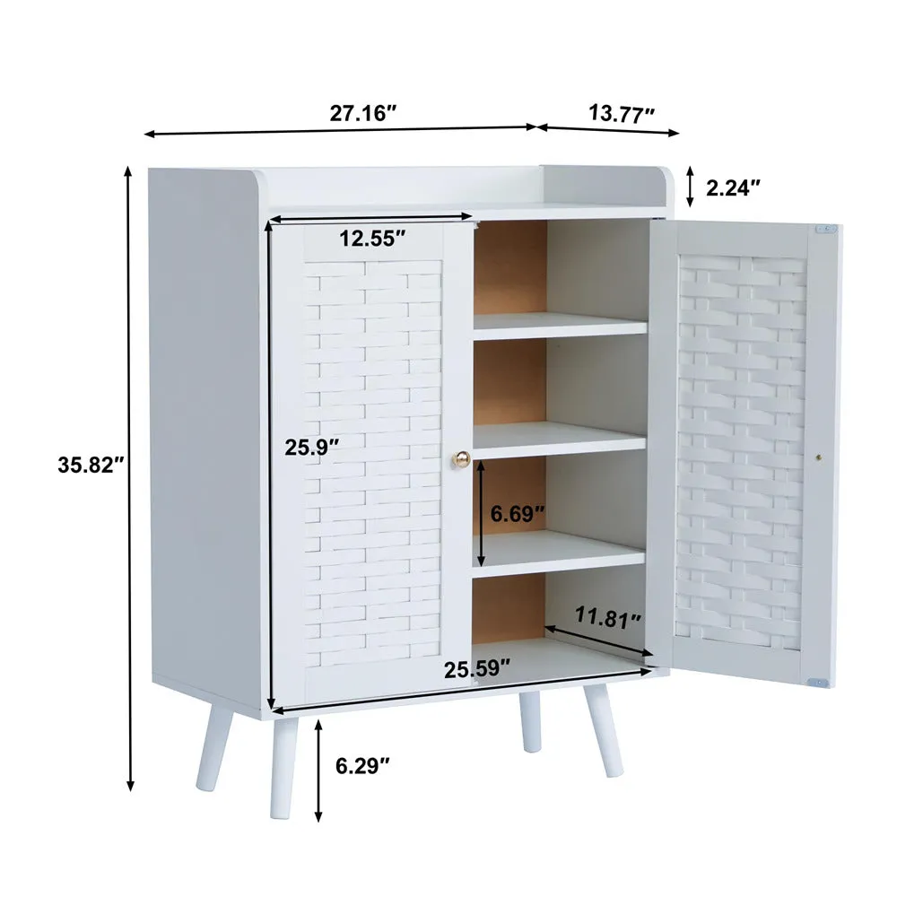 Wooden Shoe Cabinet 4-Tier Freestanding Shoe Rack With with Woven Doors