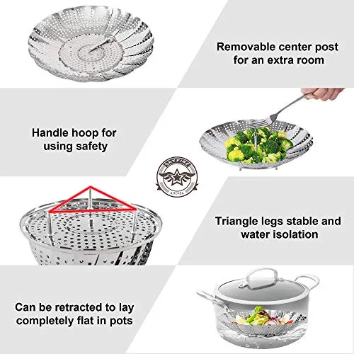 Zocy Steamer Basket Stainless Steel Instant Pot Accessories for Food and Vegetable, Premium Expandable Steam Basket to Fit Various Size Pots Medium (6" to 9.5"))